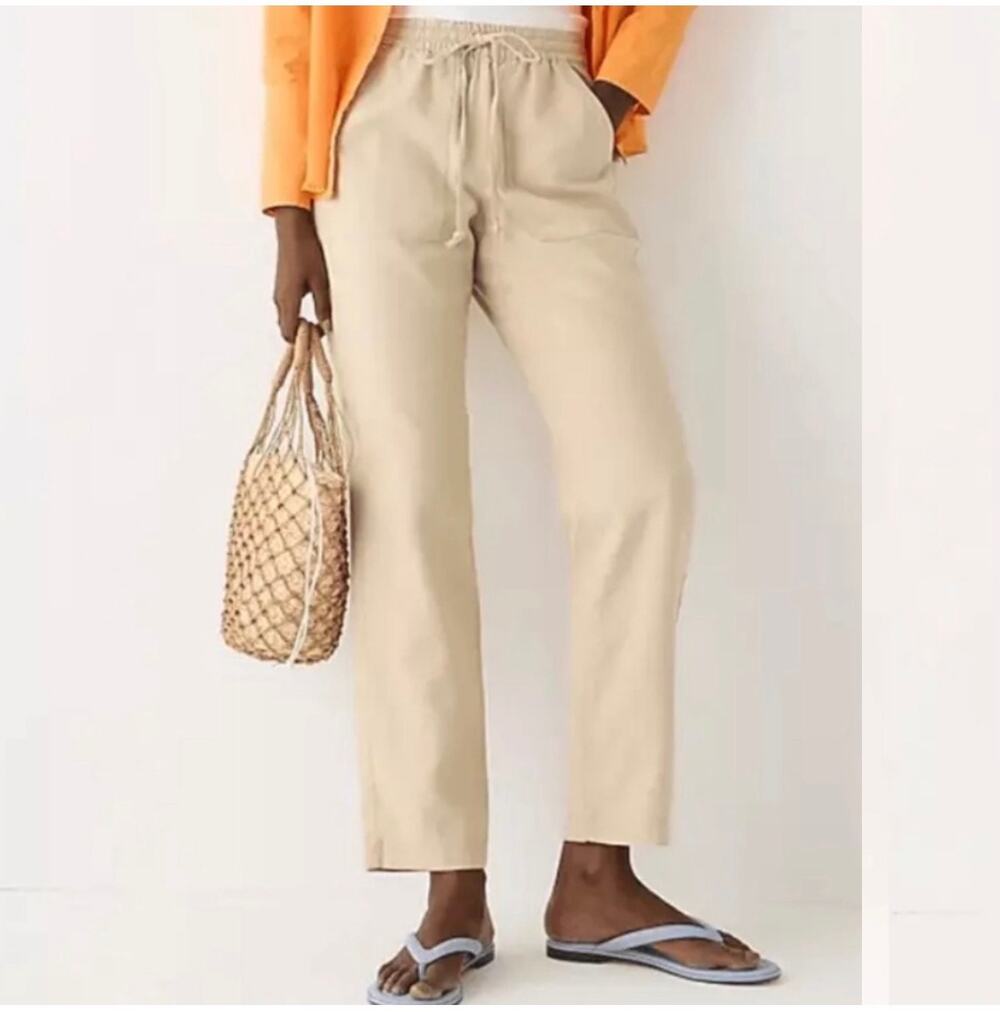 J. Crew Pants Womens Small Cream Tan Seaside Linen Blend Casual Pockets Coastal